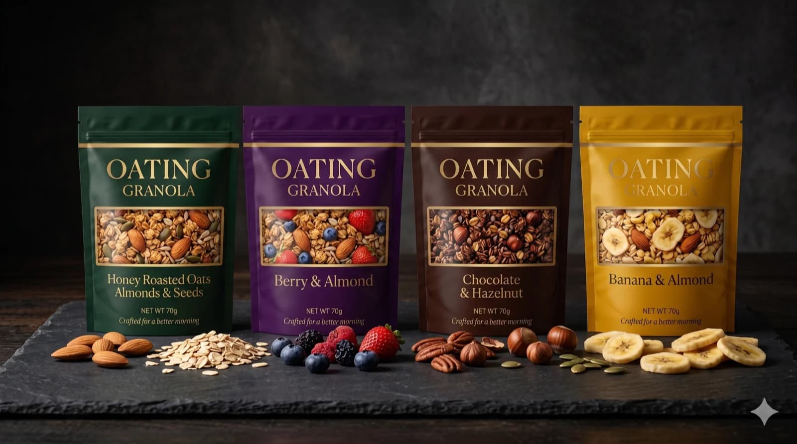 The four OATING granola pouches — Honey Roasted, Berry & Almond, Chocolate & Hazelnut, and Banana & Almond