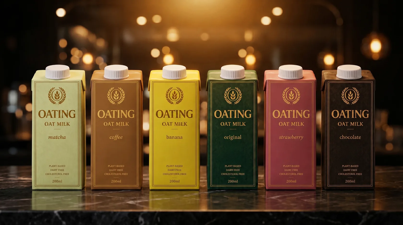 Six OATING oat milk cartons: matcha, coffee, banana, original, strawberry and chocolate, lined up on a marble counter.
